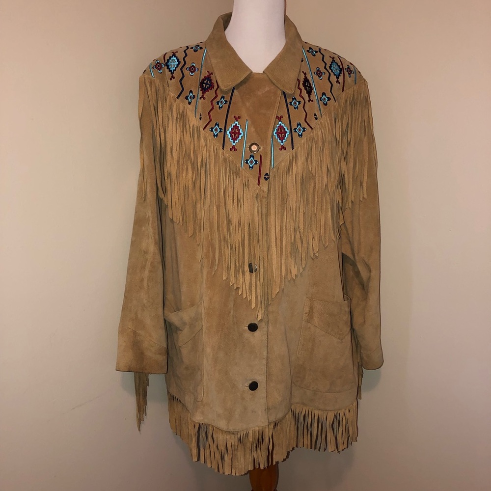 Via Accenti Vintage Suede/Leather Southwestern Embroidered Fringe Jacket,Sz-B8